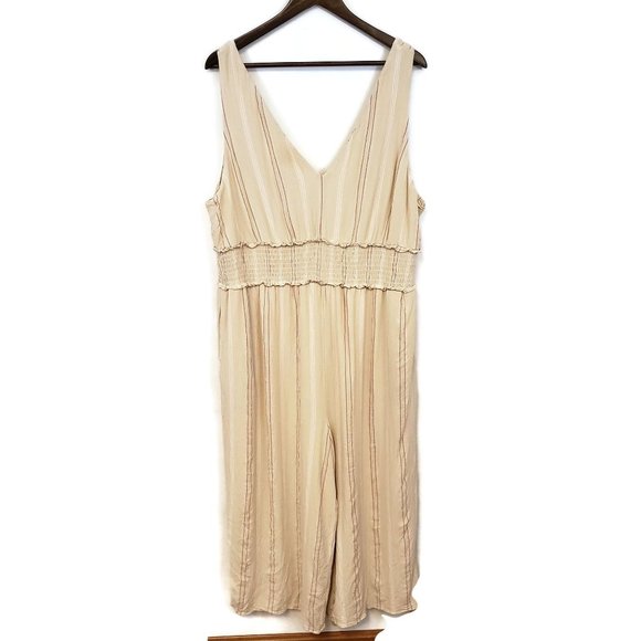 American Eagle Womens Beige Tan Striped Jumpsuit Size 2XL Sleeveless Smocked - Picture 1 of 10
